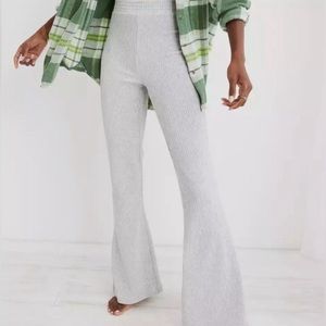 Aerie Groove On Gray Velour Ribbed High Waisted Flare Pants